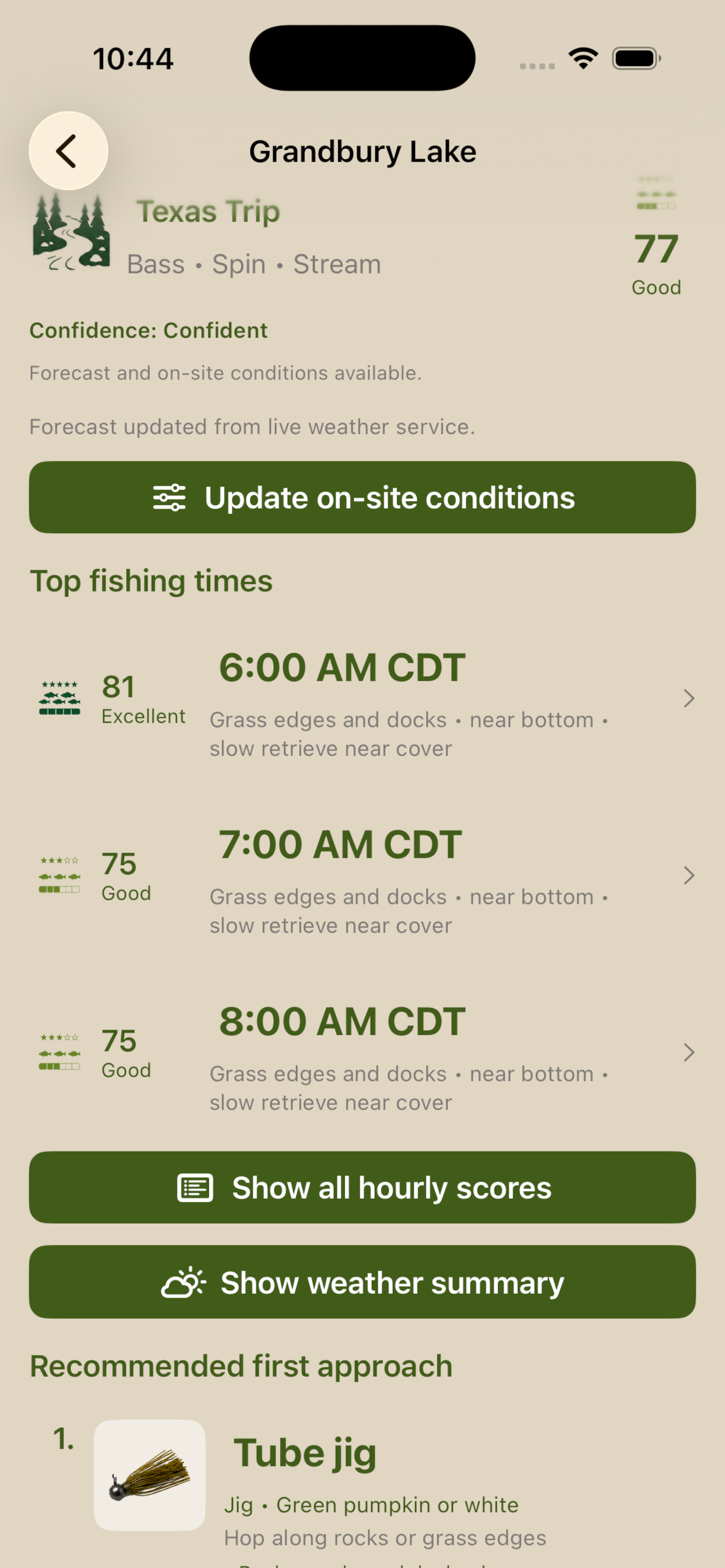 My OWL Fishing™ trip summary and recommendations screen