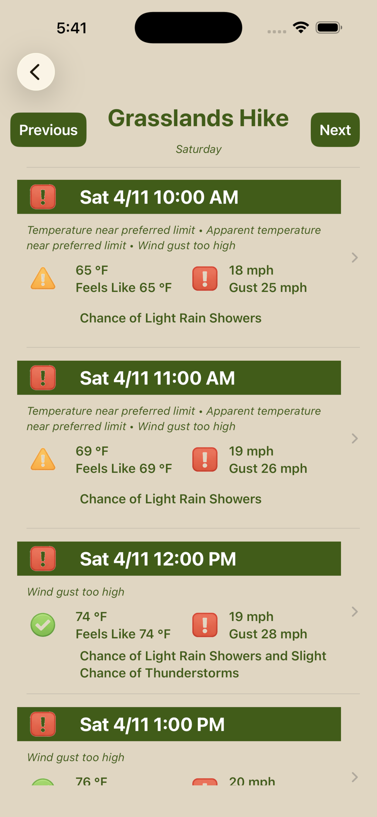 My OWL Plan™ hourly forecast and recommendation screen